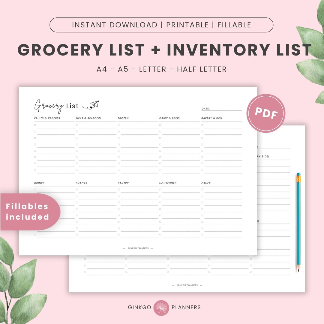 Grocery List and Inventory List Landscape, Grocery List Printable and ...