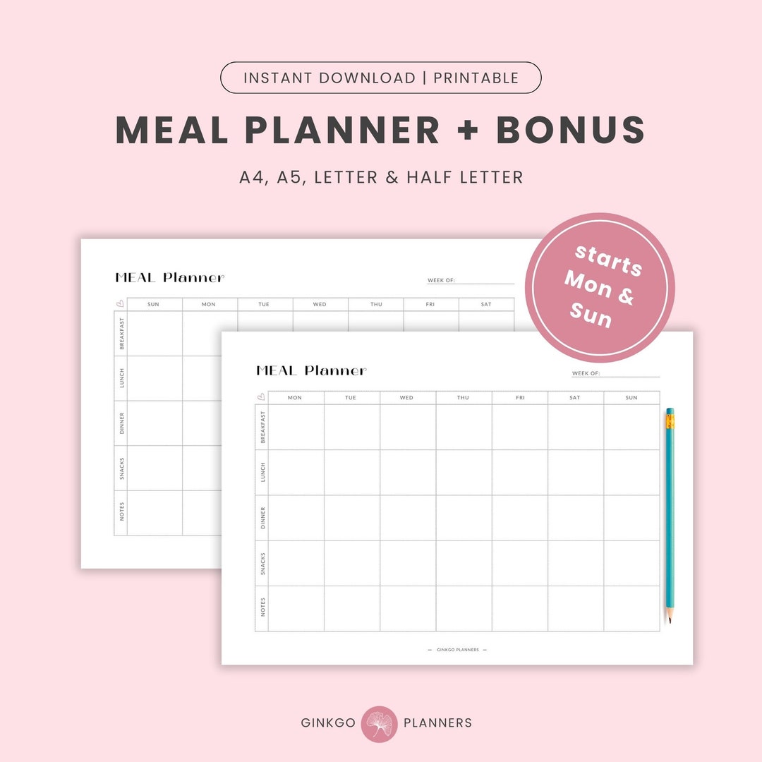 Meal Planner Printable and Grocery List Landscape, Weekly Meal Planner ...
