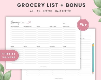 Grocery List Landscape with pink detail, Grocery List Printable and Fillable, Inventory List Printable and Fillable, Grocery Shopping List