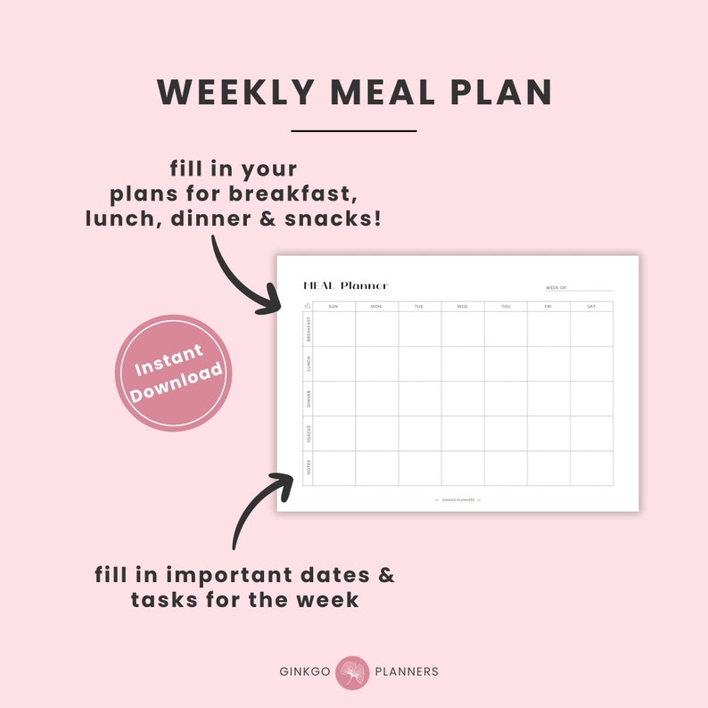 Meal Planner Printable and Grocery List Landscape, Weekly Meal Planner ...