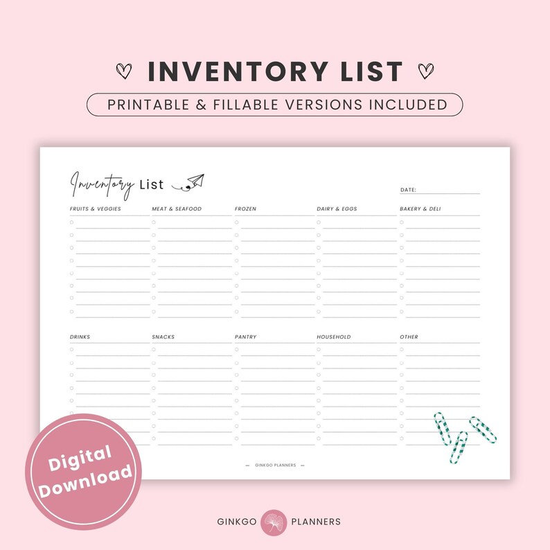 Grocery List and Inventory List Landscape, Grocery List Printable and ...