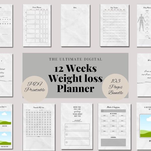 Digital Weight Loss Journal, Weightloss Tracker, Fitness Planner Printable, Weight Loss Chart, Pounds Lost, Body Measurements, Meal Planner
