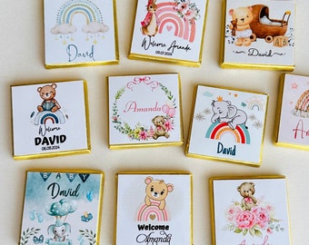 50 Baby Chocolate Favors for Guest, Mini Chocolate Favors, Gold or Silver Foil Milk Chocolate, Birthday Party Decor