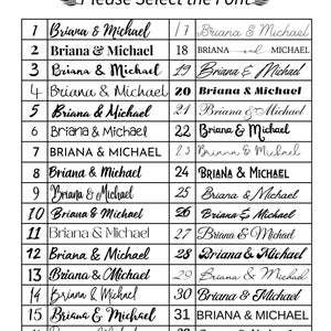 May include: A black and white graphic displaying 32 font options for the names "Briana & Michael". The text "Please Select the Font" is at the top. Each font choice is numbered and presented in a different style.