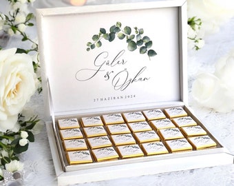 50 Pcs Boxed Wedding Chocolates Favors for Guest, Custom Chocolate Bar Favors, Gold or Silver Foil Milk Chocolate, Wedding Table Decor