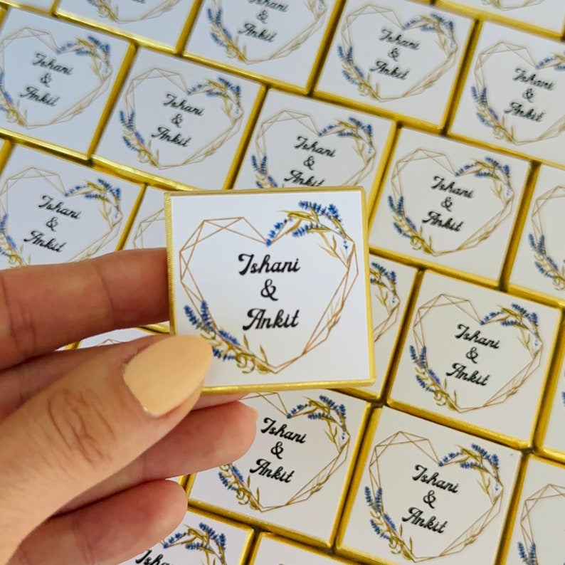 50 cadeaux en chocolat de mariage personnalisés pour invité, mini cadeaux en chocolat, chocolat au lait feuille d'or ou d'argent, décoration de table de mariage image 2