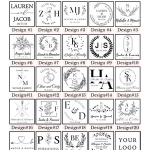 May include: A selection of 25 wedding or event design options, each in a square format. Designs include names, dates, and decorative elements like floral wreaths, monograms, and simple line art. Text at the top reads "Please select the Design."