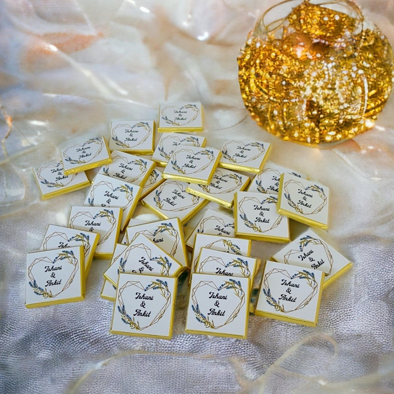 50 cadeaux en chocolat de mariage personnalisés pour invité, mini cadeaux en chocolat, chocolat au lait feuille d'or ou d'argent, décoration de table de mariage image 10