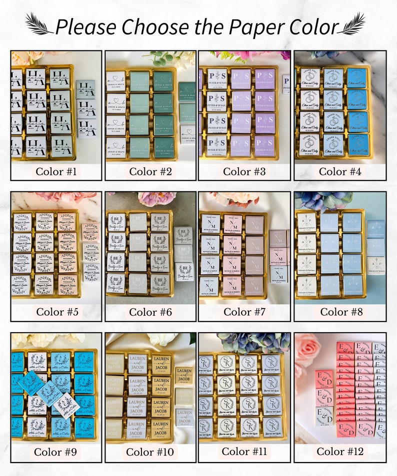 May include: A selection of personalized chocolates in various colors, arranged in gold trays. Each chocolate square features custom text and designs, with options for different paper colors. The image includes text that says "Please Choose the Paper Color."