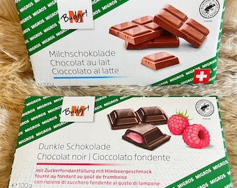 Swiss Migros Budget Chocolate Duo – Milk Chocolate & Dark Chocolate with Raspberry Fondant – Authentic Swiss Candy Bars