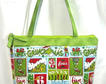 Borsa trapuntata a mano con il Grinch, "12 giorni di Grinchmas", 28x33 cm, con tasche interne e chiusura a zip.