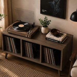 Handcrafted Record Player Stand with Vinyl Storage, MDF Turntable Cabinet, Mid Century Modern LP Organizer, Media Console Table, Handmade