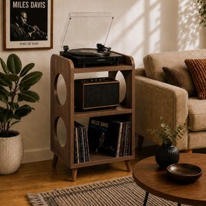 Handcrafted Record Player Stand with Vinyl Storage, MDF Turntable Cabinet, Mid Century Modern LP Organizer, Media Console Table, Handmade