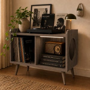 Handcrafted Record Player Stand with Vinyl Storage, MDF Turntable Cabinet, Mid Century Modern LP Organizer, Media Console Table, Handmade