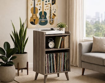Record Player Stand with Vinyl Storage, MDF Turntable Stand, Mid Century Modern Vinyl Cabinet, LP Record Organizer, Media Console Table
