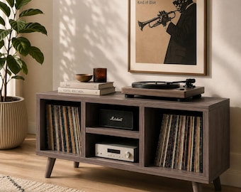 Record Player Stand with Vinyl Storage, MDF Turntable Stand, Mid Century Modern Vinyl Cabinet, LP Record Organizer, Media Console Table