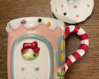 Holiday Mug with Lid | Covered Candy Cane House Cup | Hot Cocoa Mug | Gingerbread House Mug |
