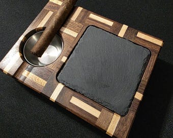 Personalized Cigar Ashtray with Slate Coaster | Handmade Ashtray with Walnut and Maple