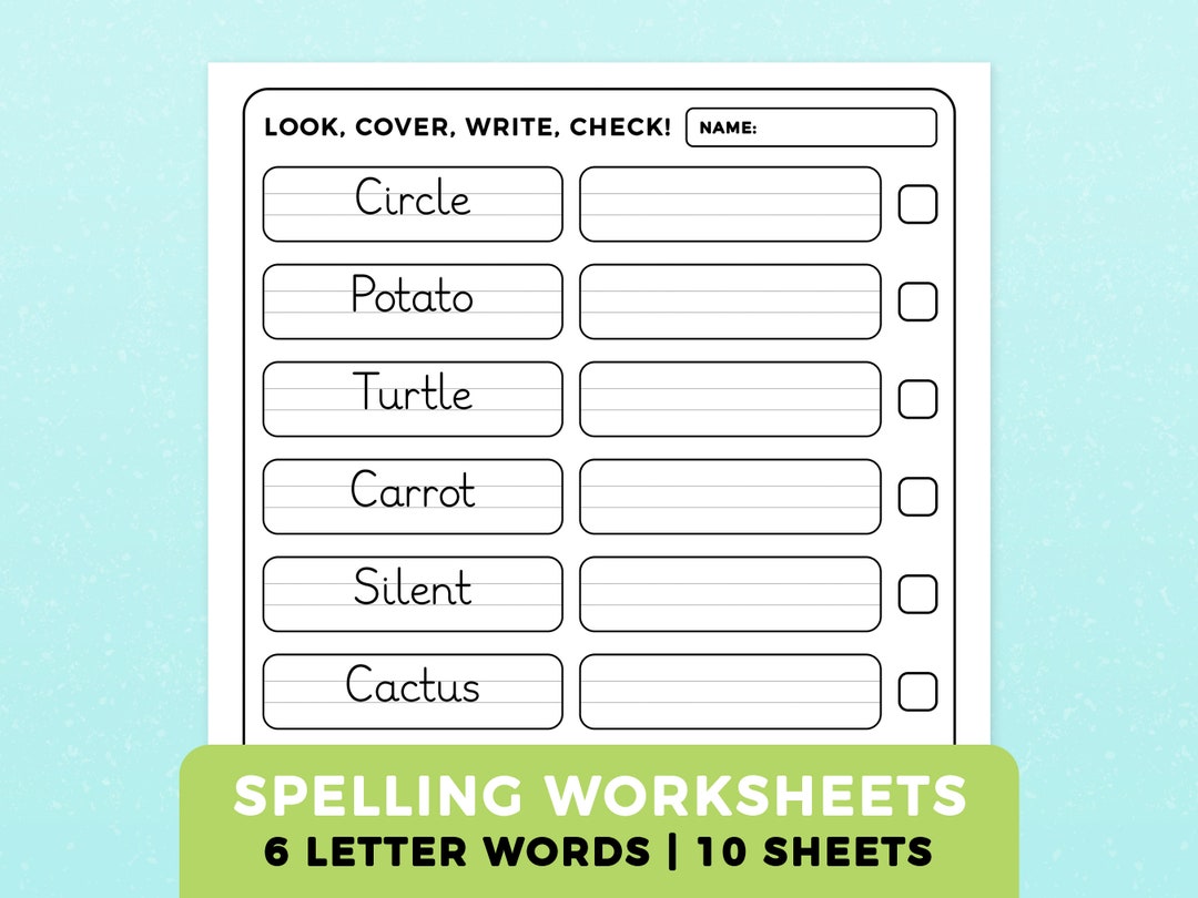 Printable Spelling Worksheets for Kids | 6 Letter Words: 10 Look Cover
