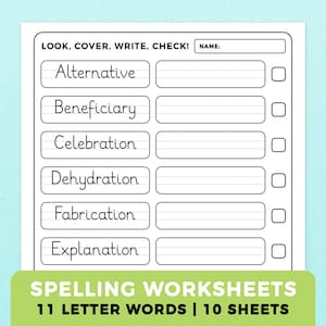 Printable Spelling Worksheets for Kids | 11 Letter Words: 10 Look Cover Write Check Sheets for Fun Spelling Practice