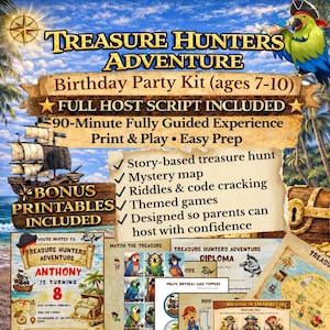 Op de afbeelding: Een piratenthema verjaardagsfeestpakket met de tekst "Treasure Hunters Adventure". Inclusief een volledig hostscript, bonus printables en een 90 minuten durende begeleide ervaring. Met een piratenschip, papegaai, schatkaart en uitnodiging.
