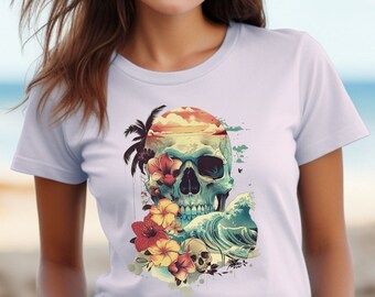 Surf T-Shirt Gift for Her, Floral, Retro Tee, Boho, Minimalist, Hibiscus, Skull, Travel, Beach, Salt Life, Vacation, Graphic Art, Surfing