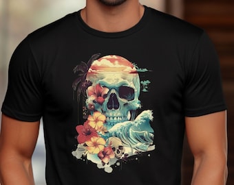 Surf T-Shirt Gift for Him, Floral, Retro Tee, Boho, Minimalist, Hibiscus, Skull, Travel, Beach, Salt Life, Vacation, Graphic Art, Surfing