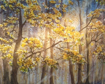 Paysage d'automne, oeuvre d'art originale à l'aquarelle, décoration murale faite main, cadeau pour une mère, forêt colorée, arbres dorés magiques, automne doré.