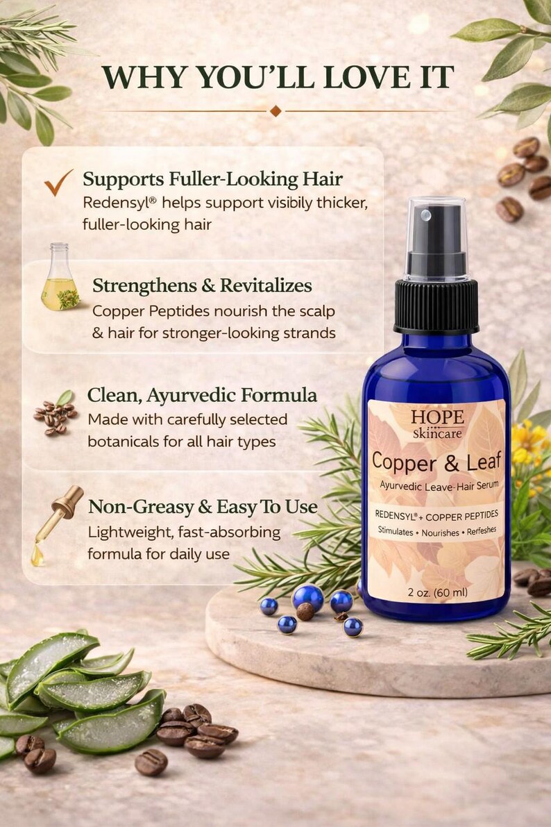 May include: A blue glass bottle of Hope Skincare Copper & Leaf Ayurvedic Leave-Hair Serum. The bottle has a black spray nozzle and a white label with product information. The image includes text about the product's benefits and ingredients, with a 2 oz (60 ml) size.