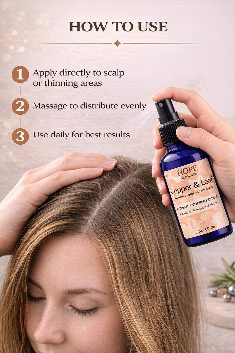 May include: A blue spray bottle of Copper & Leaf Ayurvedic Leave-In Hair Serum is held near a person's head. The bottle has a black spray nozzle and a label with product information. The text "HOW TO USE" is at the top, with instructions to apply, massage, and use daily.