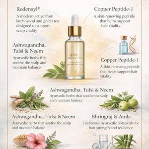 May include: An advertisement for Hope Skincare featuring a clear glass bottle of serum with a dropper, and ingredient spotlights. The ingredients include Redensyl, Copper Peptide-1, Ashwagandha, Tulsi & Neem, Bhringraj & Amla, Fenugreek & Hibiscus, and Bamboo & Pro-Vitamin B5.