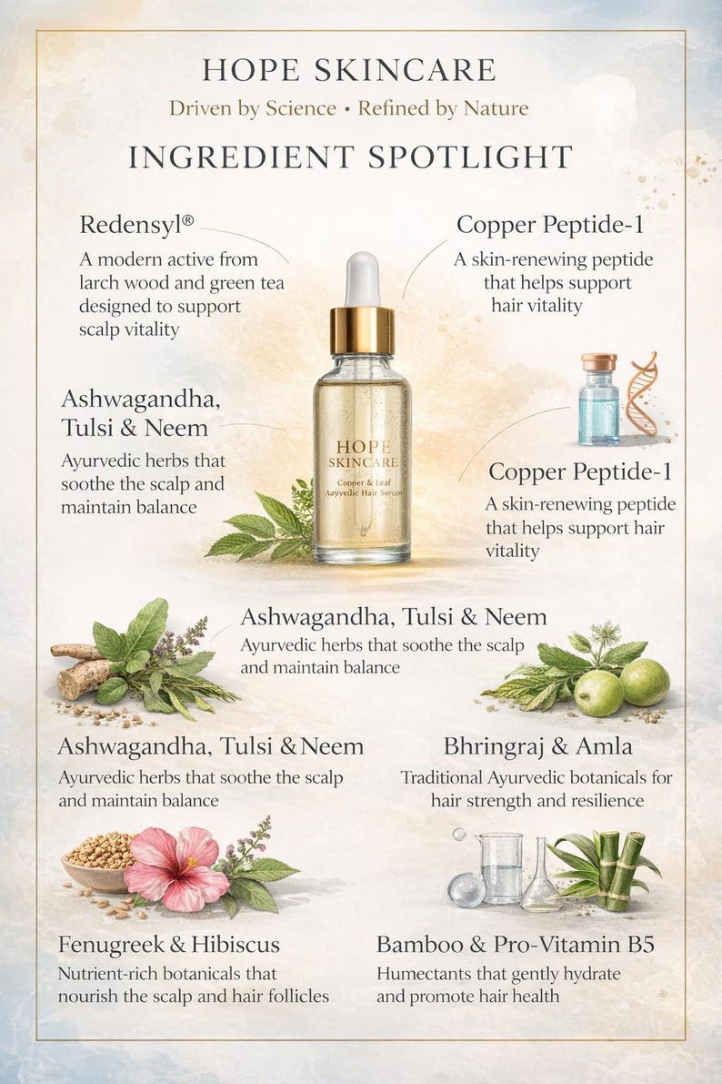 May include: An advertisement for Hope Skincare featuring a clear glass bottle of serum with a dropper, and ingredient spotlights. The ingredients include Redensyl, Copper Peptide-1, Ashwagandha, Tulsi & Neem, Bhringraj & Amla, Fenugreek & Hibiscus, and Bamboo & Pro-Vitamin B5.