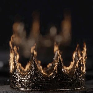 May include: A detailed image of a golden crown engulfed in flames. The crown has multiple sharp points and a textured surface. The flames are a bright orange and yellow, contrasting with the dark background.