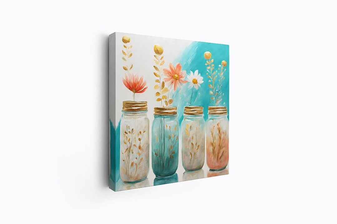Flowers in Mason Jars Canvas Art Print, Framed Canvas, Large Wall Art