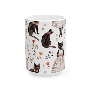 Whimsical Cat Ceramic Mug - Cute Floral Design for Cat Lovers, Tea Lovers Gift, Cozy Home Décor, Cat-Themed Kitchen, Unique Coffee Mug