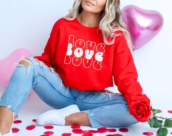 Love Seater, Valentine's Day Sweater, Red Love Sweater, Women's Crewneck Sweater, Gift For Mom, Valentine's Gift For Her, Red Sweater, Love