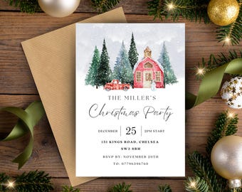May include: A Christmas party invitation with a watercolor illustration of a red house with snow on the roof, surrounded by pine trees. The text reads "The Miller's Christmas Party, December 25, 2PM Start, 151 Kings Road, Chelsea, SW3 8RH, RSVP by: November 20th, To: 07796396760."