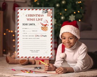 May include: A red and white Christmas wish list printable with a cartoon Santa Claus. The printable has a section for the child's name, age, and address. There is a checkbox to mark if the child has been "Nice" or "Naughty" this year. The printable also has a section for the child to write their Christmas wish list.