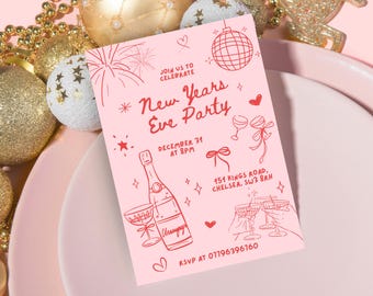 NYE Party Invitation | Template Whimsical Hand Drawn Festive Cocktail Xmas Holiday Invite, Cocktail Party | Coquette Invite