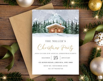 May include: A Christmas party invitation with a watercolor illustration of a snowy cabin in the woods. The text reads "The Miller's Christmas Party" with the date, time, and location.