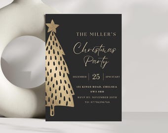 Puede incluir: Una invitación a una fiesta de Navidad negra y dorada con una ilustración estilizada de un árbol de Navidad dorado. El texto dice "The Miller's Christmas Party, December 25, 2PM Start, 151 Kings Road, Chelsea, SW3 8RH, RSVP by: November 20th, To: 07796396760."