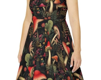 Mushroom Print Dress: Sleeveless Cottagecore Style