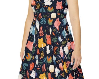 Cat Print Sleeveless Dress - Quirky Feline Design