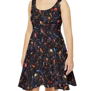 Celestial Bird Print Skater Dress: Elegant Summer Sundress