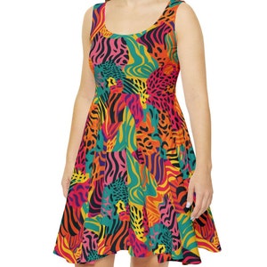 Abstract Animal Print Sleeveless Dress: Flared Skirt, USA Assembled