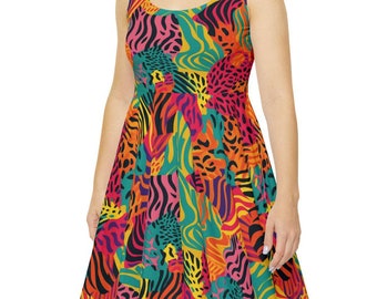 Abstract Animal Print Sleeveless Dress: Flared Skirt, USA Assembled