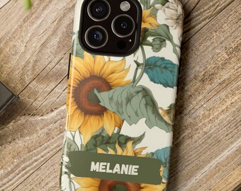 Personalized Sunflower Phone Case: Floral Tough Case, Custom Name