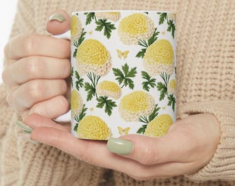 Tazza da caffè in ceramica floreale, stampa di fiori gialli, regalo per gli amanti delle piante