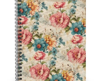 Vintage Floral Spiral Notebook: Retro Ruled Line Journal