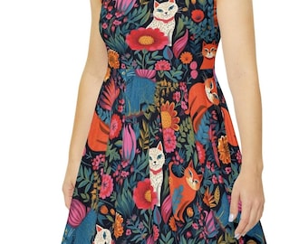 Cat Print Sleeveless Dress: Quirky Feline Circle Hem Dress